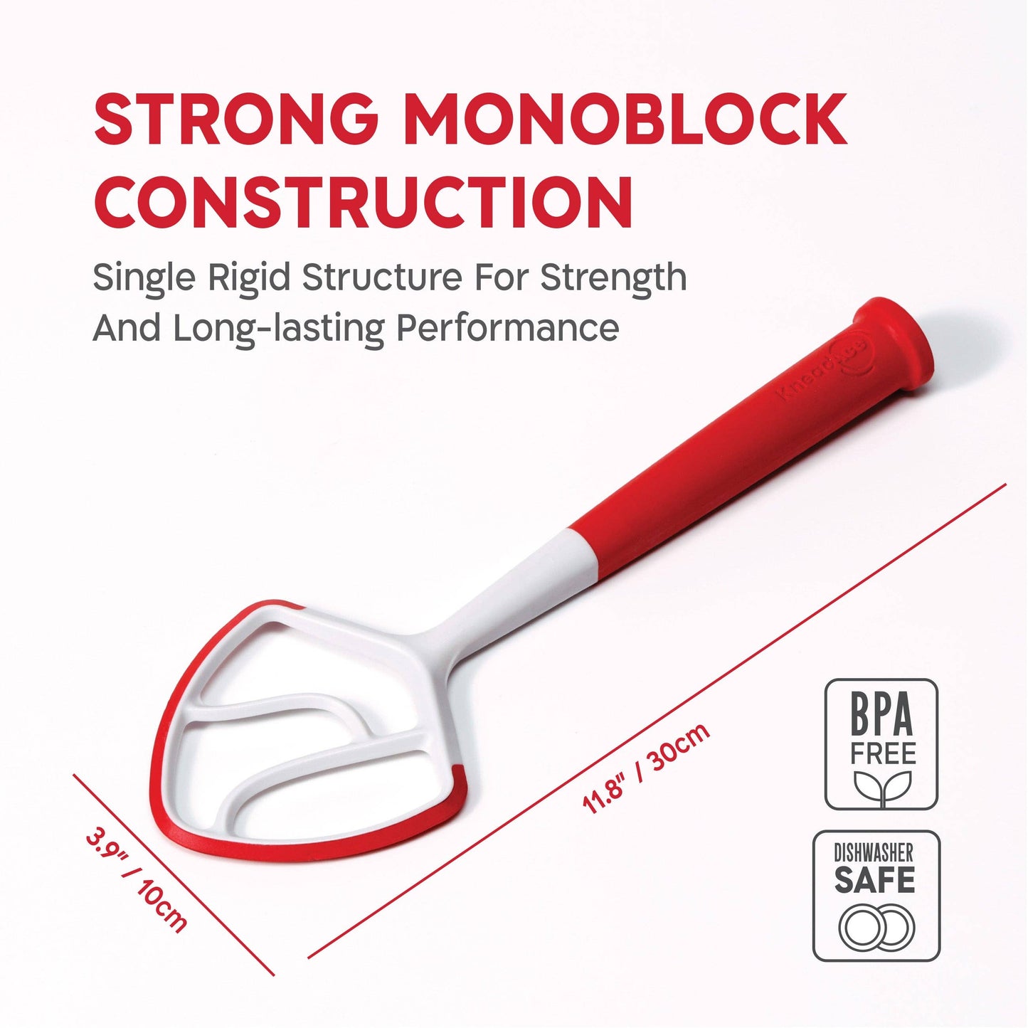 Red and white kitchen tool with text highlighting strong monoblock construction on a white background