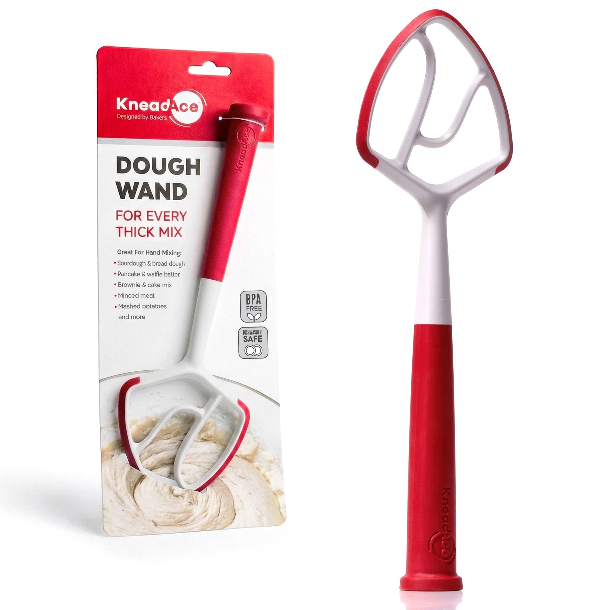 Red and white dough wand with packaging on a white background