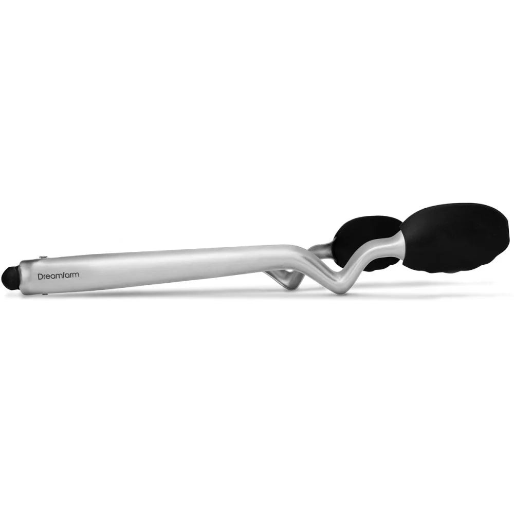 The ultimate all-in-one flipping, mixing and serving utensil is here with Dreamfarm's 12" Clongs Silicone Tongs in Black. These unique tongs stand out from the crowd and sit up on your counter with a C-shaped bend in the handle that keeps the tips pointed up to prevent messes.