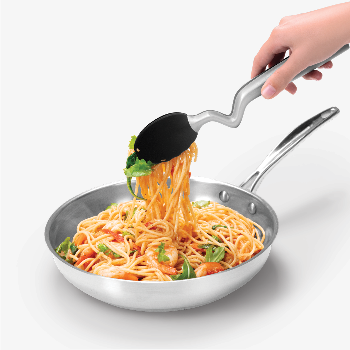 The ultimate all-in-one flipping, mixing and serving utensil is here with Dreamfarm's 12" Clongs Silicone Tongs in Black. These unique tongs stand out from the crowd and sit up on your counter with a C-shaped bend in the handle that keeps the tips pointed up to prevent messes.