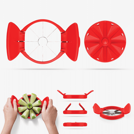 Flapple – the ultra-sharp apple slicer and corer that folds flat for easy storage. Its raised handles fold down for a compact, space-saving solution. The auto-aligning base allows for complete cuts without a cutting board, and when folded, the handles lock together to cover the blades for safe storage. With a wide diameter cutter, Flapple divides apples of all sizes into 8 equal pieces while efficiently removing the core. 