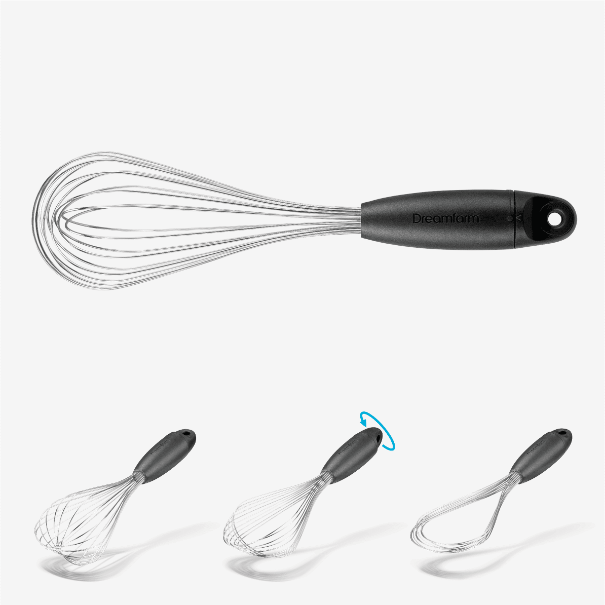 Flisk is a balloon whisk that twists to create three whisks from one. A half turn of Flisk’s ergonomic handle twists the 10 large, high-vibration wires into 3 distinct forms – a large balloon whisk for whipping, a sauce whisk for shallow liquids and gravy, and a flat whisk for deglazing. Best of all, Flisk’s wires completely flatten for space-saving storage and easy cleaning in the dishwasher. Go on, it’s time to whisk it for the biscuit.