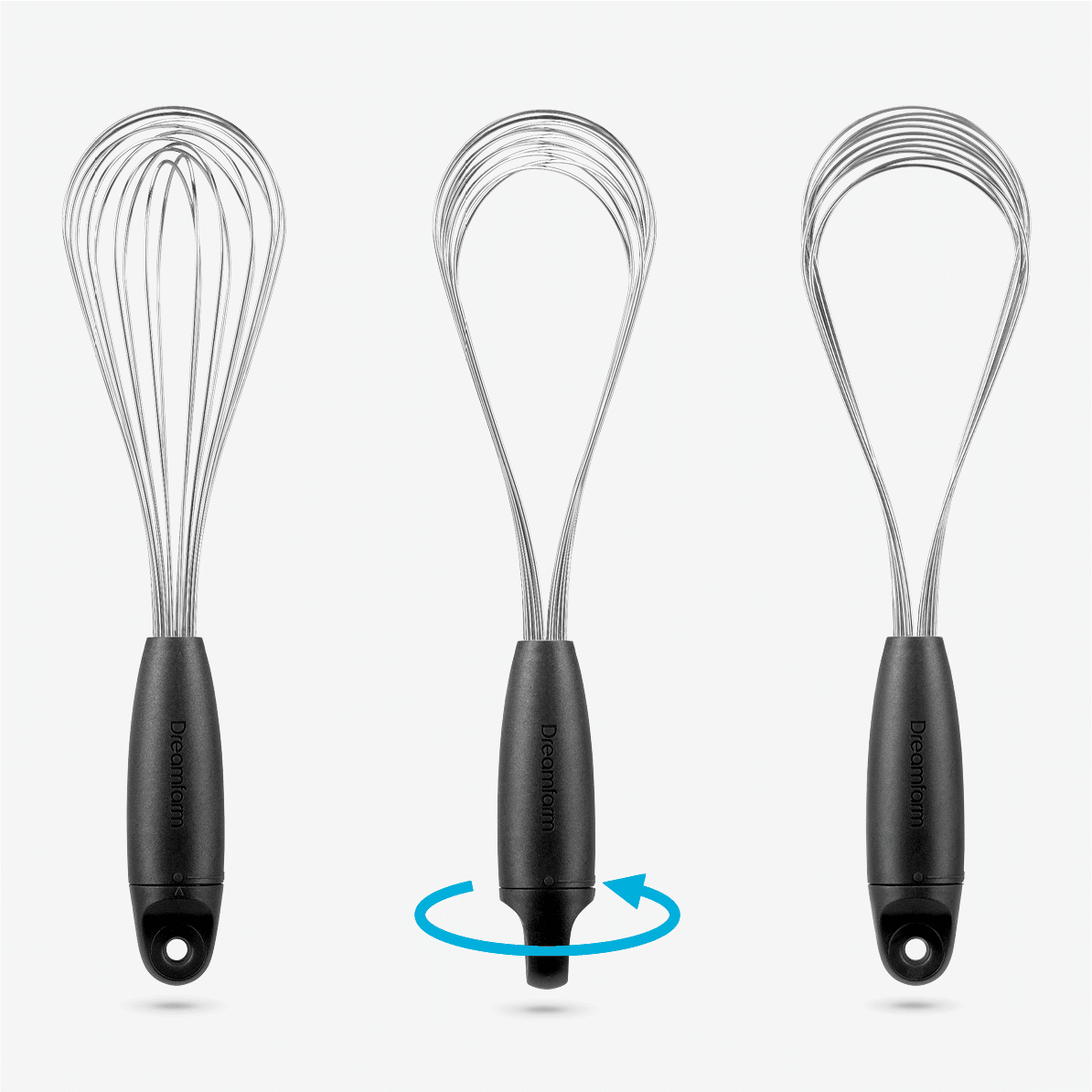 Flisk is a balloon whisk that twists to create three whisks from one. A half turn of Flisk’s ergonomic handle twists the 10 large, high-vibration wires into 3 distinct forms – a large balloon whisk for whipping, a sauce whisk for shallow liquids and gravy, and a flat whisk for deglazing. Best of all, Flisk’s wires completely flatten for space-saving storage and easy cleaning in the dishwasher. Go on, it’s time to whisk it for the biscuit.