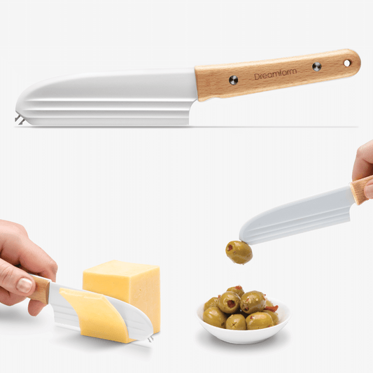 Knibble: the versatile non-stick cheese knife that slices, spreads, and serves nibbles with ease. Its unique barbed blade creates air pockets to prevent cheese from sticking. Stainless steel forks align perfectly with the blade for safe serving. The rounded top edge allows smooth spreading and scraping without scratching. Durable, sharp forks and plastic blade resist rust for the ultimate cheese experience.