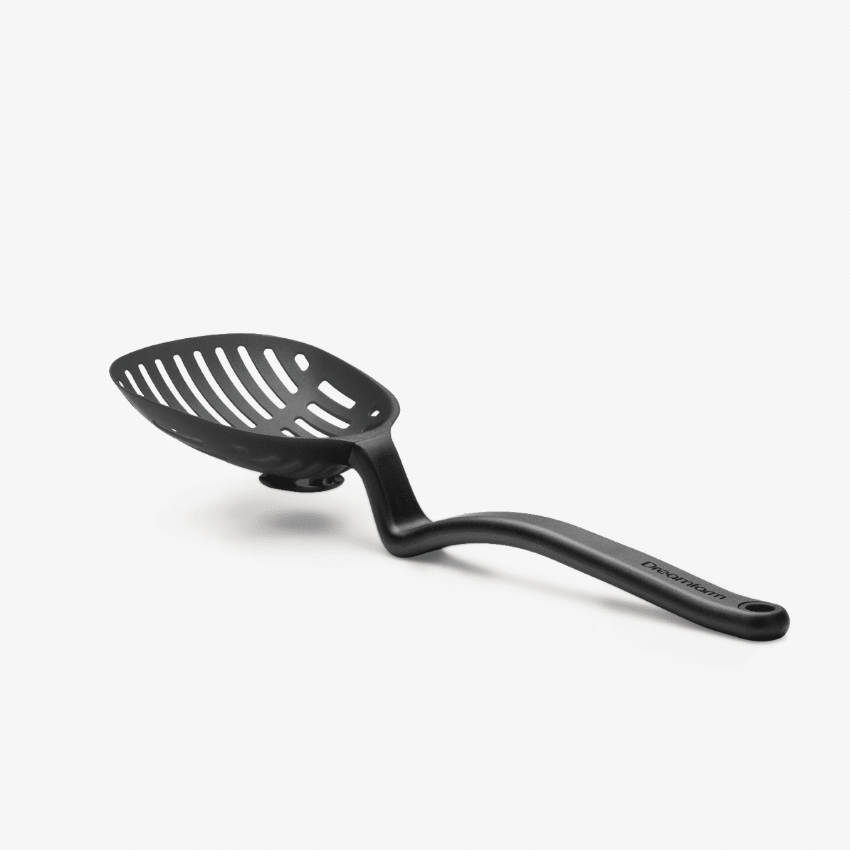 The Lestrain is a large nylon scoop strainer.  Heat resistant and dishwasher safe. The large head sits up off the counter due to a bend in the sturdy handle and there's a nifty catcher underneath the slots to catch any leftover drips! 