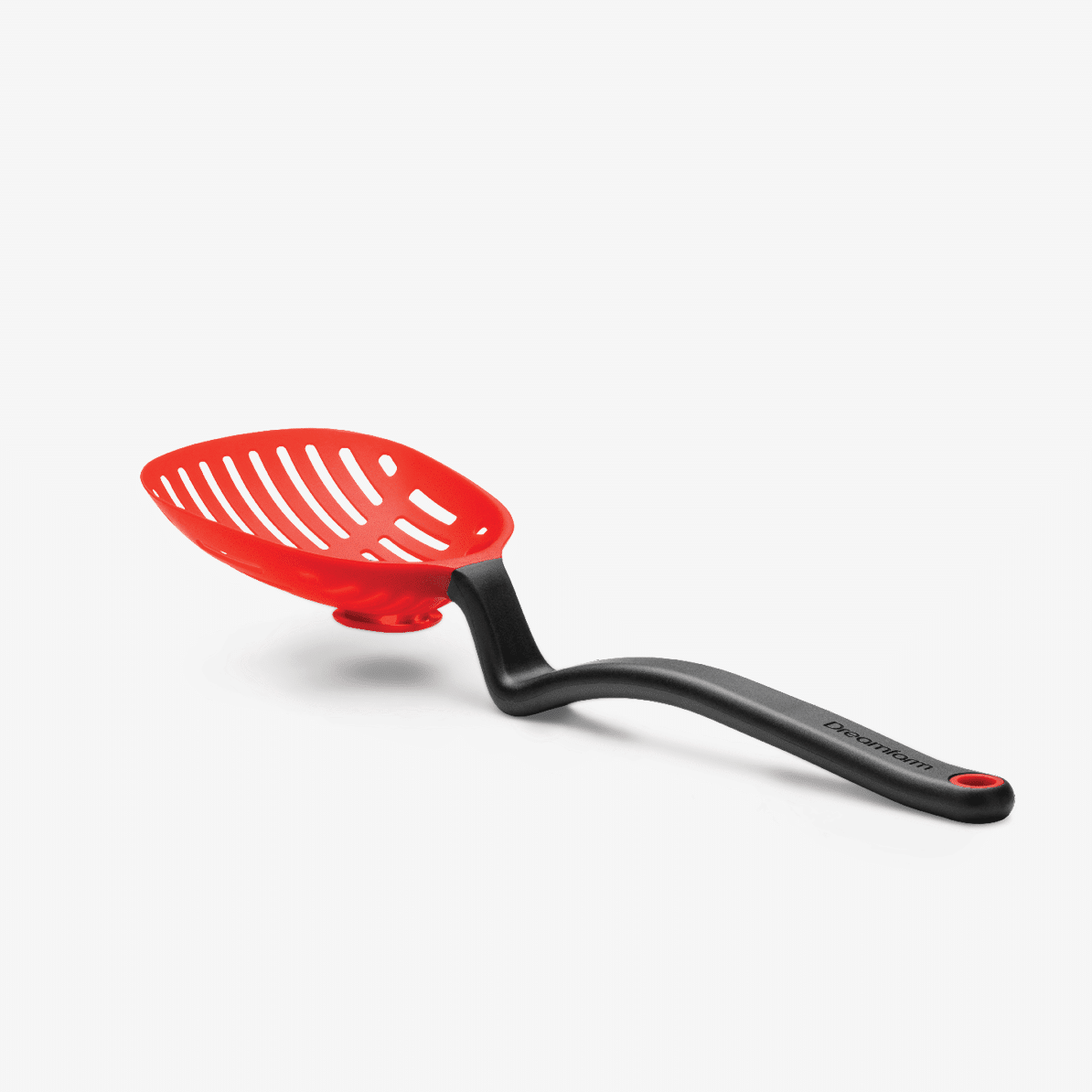 The Lestrain is a large nylon scoop strainer. Heat resistant and dishwasher safe. The large head sits up off the counter due to a bend in the sturdy handle and there's a nifty catcher underneath the slots to catch any leftover drips! Color red.