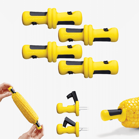 Lockorns Corn Holders provide secure attachment to corn cobs with their unique 3-prong anchor design, giving peace of mind to parents and safety for children. Interlock in pairs for easy storage and offer easy one-handed operation for a hassle-free dining experience.