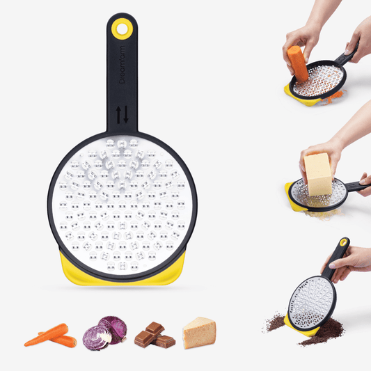 Revamp your kitchen game with Ograte's medium grater! With two sides for versatile use, you'll swiftly grate carrots and zucchini on the bottom with its circular motion blades and efficiently grate cheese on the top with its extra-wide plane. The non-slip foot doubles as a scraper and hooks onto bowls, while the safety cover protects stored blades.
