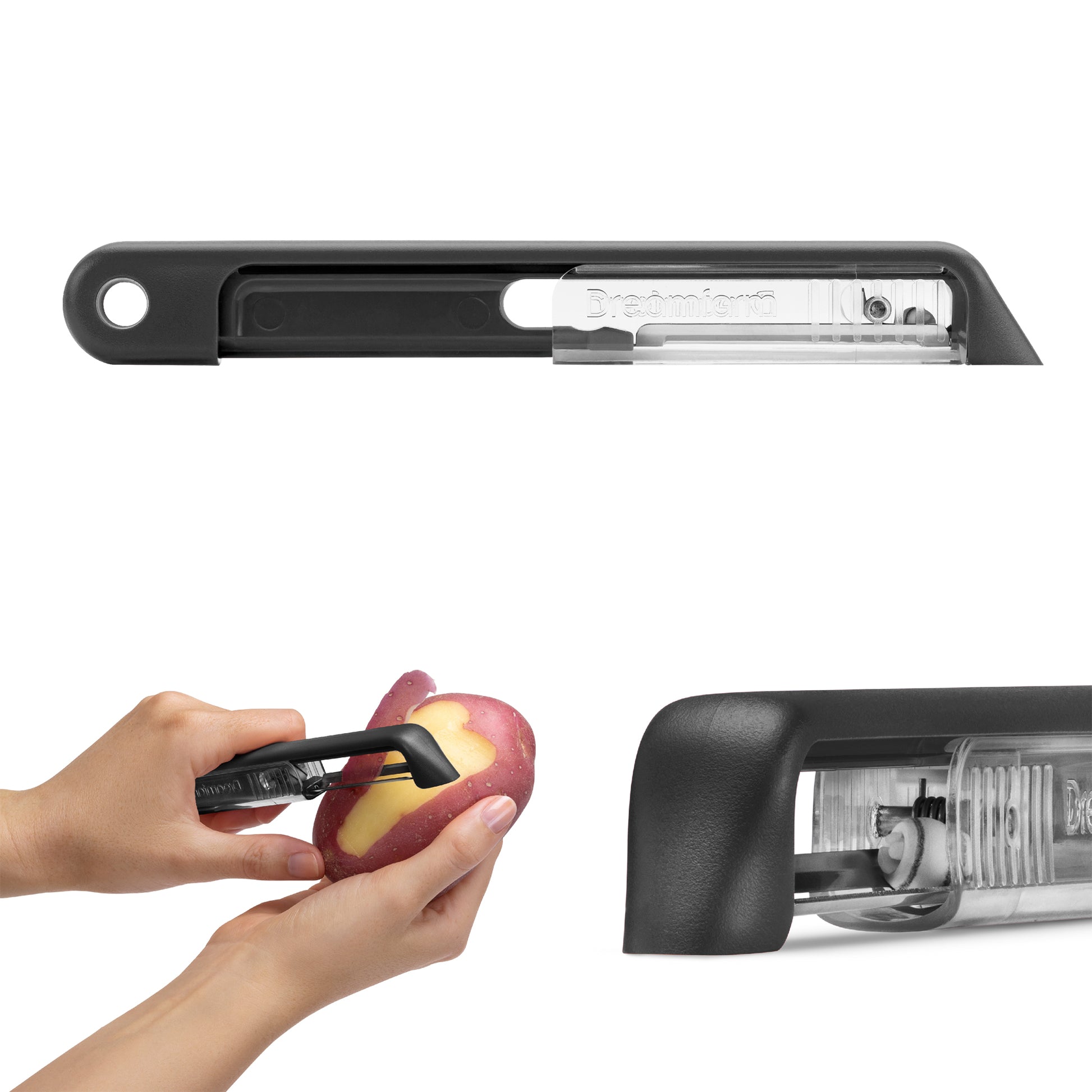 Sharple – the self-sharpening vegetable peeler that brings efficiency to your kitchen. The unique safety cover features a built-in ceramic ball sharpener, automatically honing the razor-sharp Japanese stainless steel blade every time you open or close the protective case.