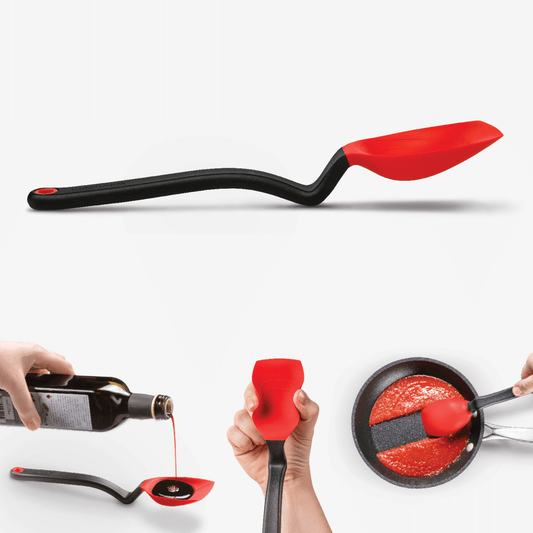 Supoon is the world’s best cooking spoon. It has a flat squeegee tip and flexible sides to scrape your pan or bowl clean, a deep scooping head, measures teaspoons and tablespoons, and its clever handle design is like having a built-in spoon rest so your Supoon’s head sits up off your bench. Color is red.