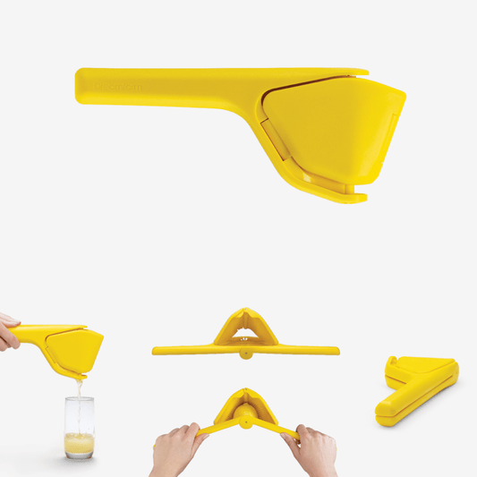 Fluicer is an easy squeeze citrus juicer that folds completely flat for space-saving storage. Two-handed sideways pivot operation provides increased leverage using the larger muscle groups of your arms instead of hands, requiring less effort than a traditional press.