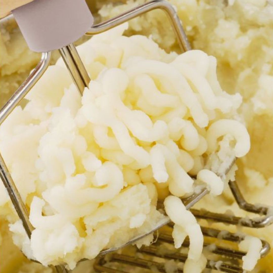 Upgrade mashed potatoes with HIC Kitchen's Dual-Action Potato Masher. Made of durable stainless steel, it easily creates creamy, lump-free dishes. The spring-loaded design and built-in ricer disc make quick work of cooked foods. Ideal for a variety of foods and easy to clean. Dishwasher safe.