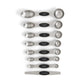 Set of stainless steel measuring spoons with black labels on a white background