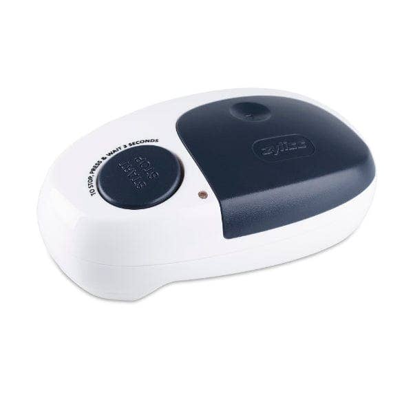 White and black electronic can opener with  on a white background