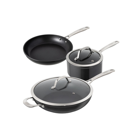 Great, everyday cookware that’s easy to use, cooks brilliantly and is energy-efficient. This starter set will get you frying, boiling and braising a wide variety of dishes on the hob or in the oven.  The set includes: 3.2 qt saucepan, an 8" frying pan with a lid, and a 3.2 qt sauté pan with a lid.