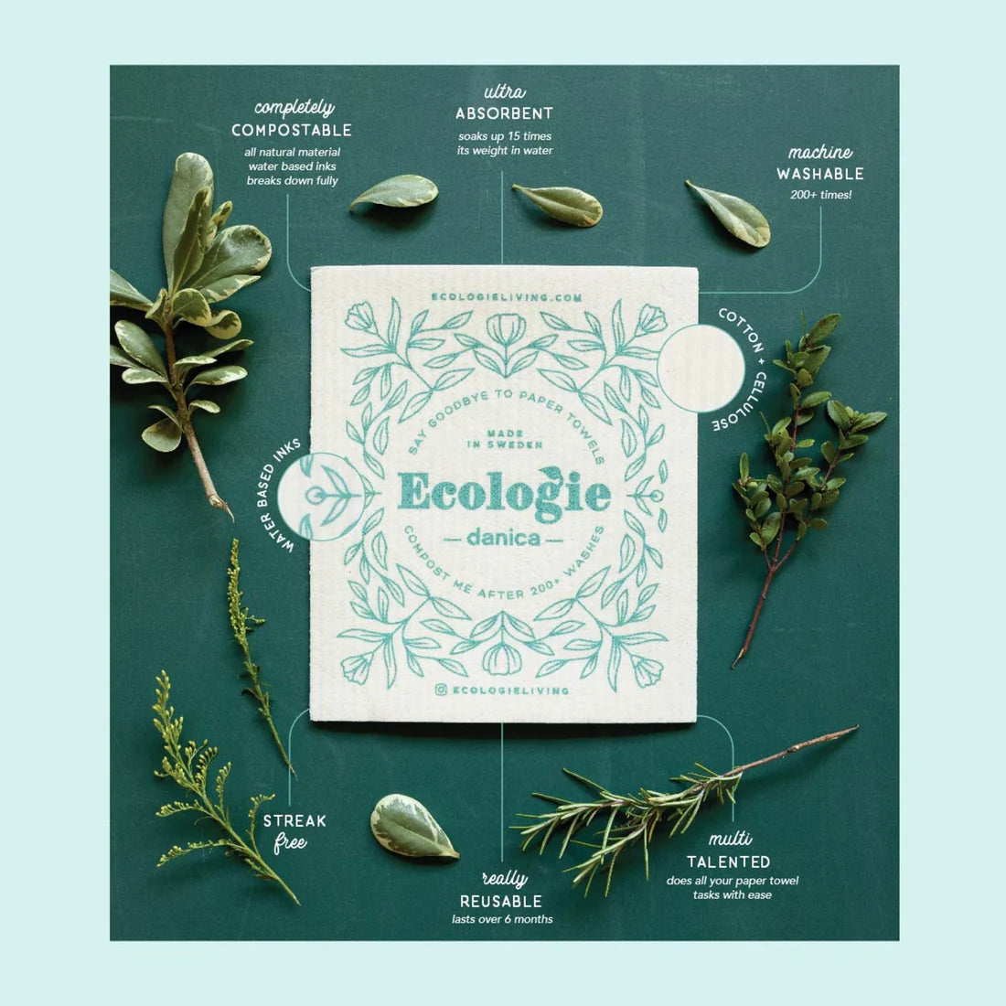 Product details for 'Ecologie danica' with green leaves on a teal background