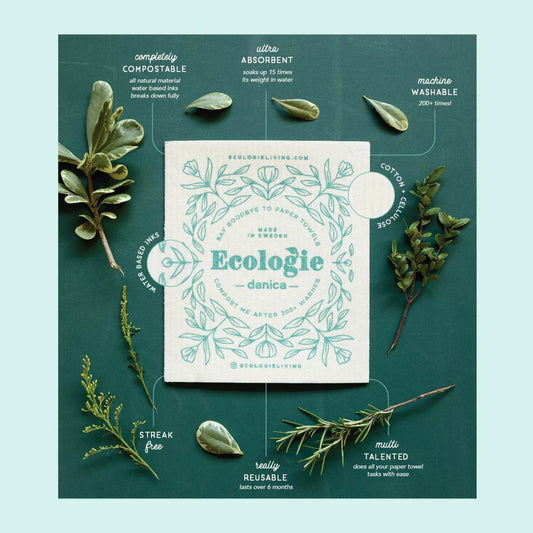 Product details for 'Ecologie danica' with green leaves on a teal background