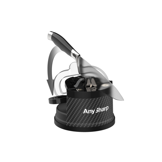 Knife sharpener with a knife on a white background, featuring the 'Any Sharp' brand.