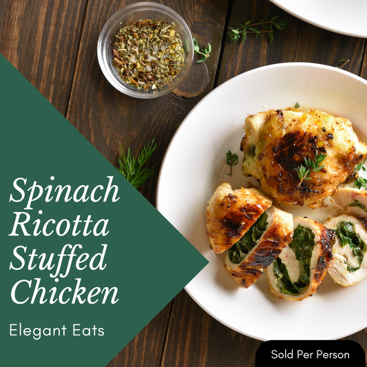 Spinach Ricotta Stuffed Chicken served on a white plate with a side of herb garnish on a dark wooden table. A dark green graphic overlay on the left reads 'Spinach Ricotta Stuffed Chicken' and 'Elegant Eats', with a 'Sold Per Person' badge in the bottom right corner.