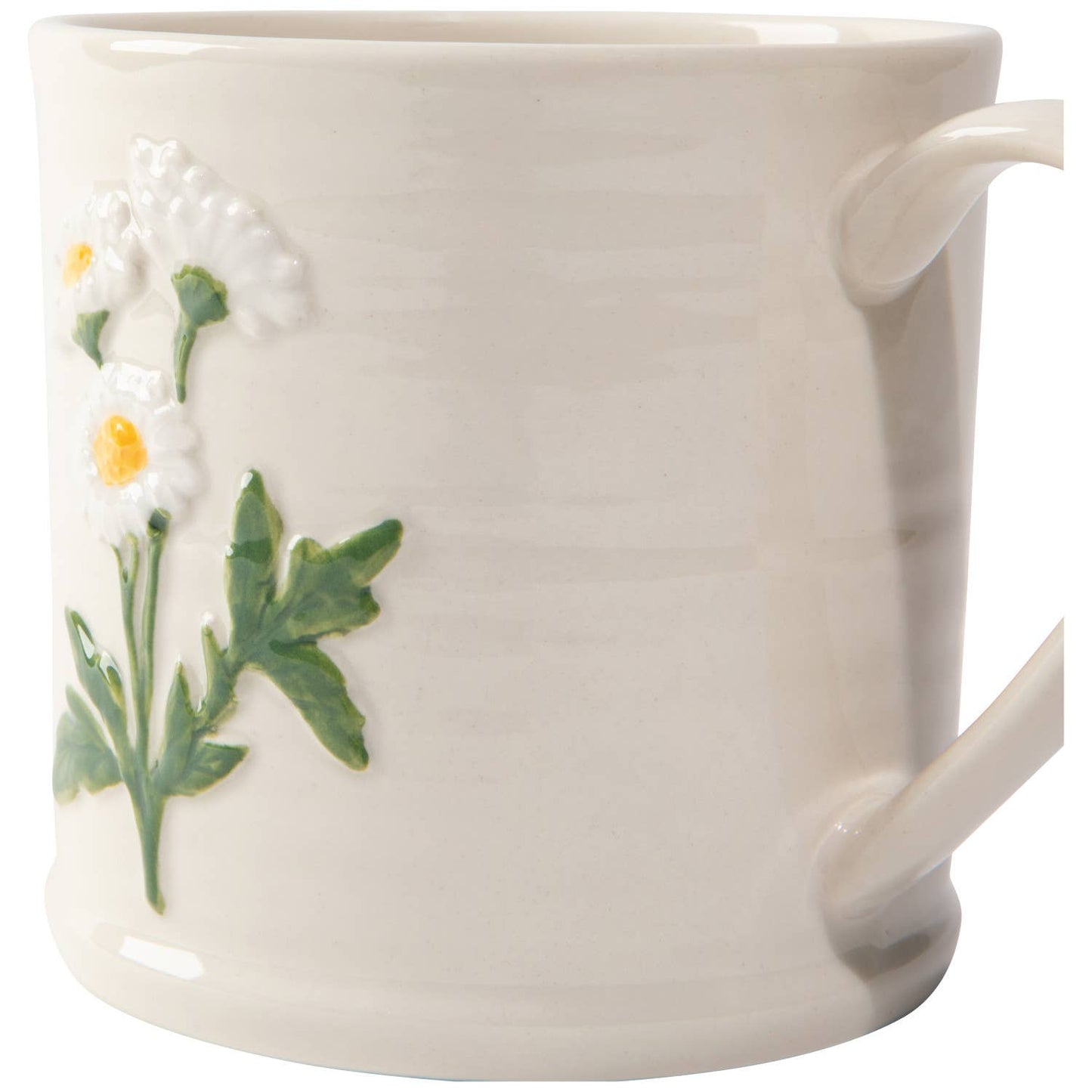 White ceramic mug with floral design on a white background