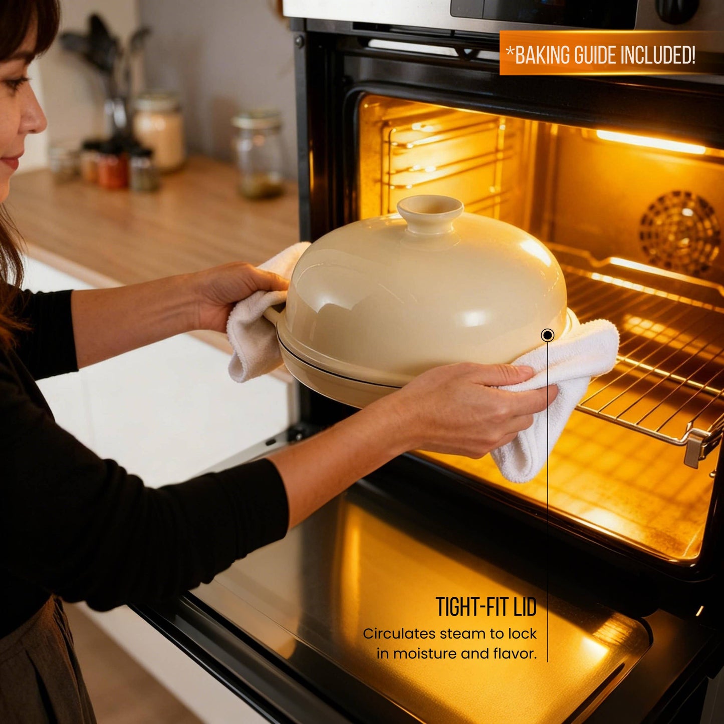 Person placing a ceramic dish with a lid into an oven, with text about the dish's features.