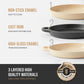 Three types of cookware with features highlighted and a brand logo at the bottom.