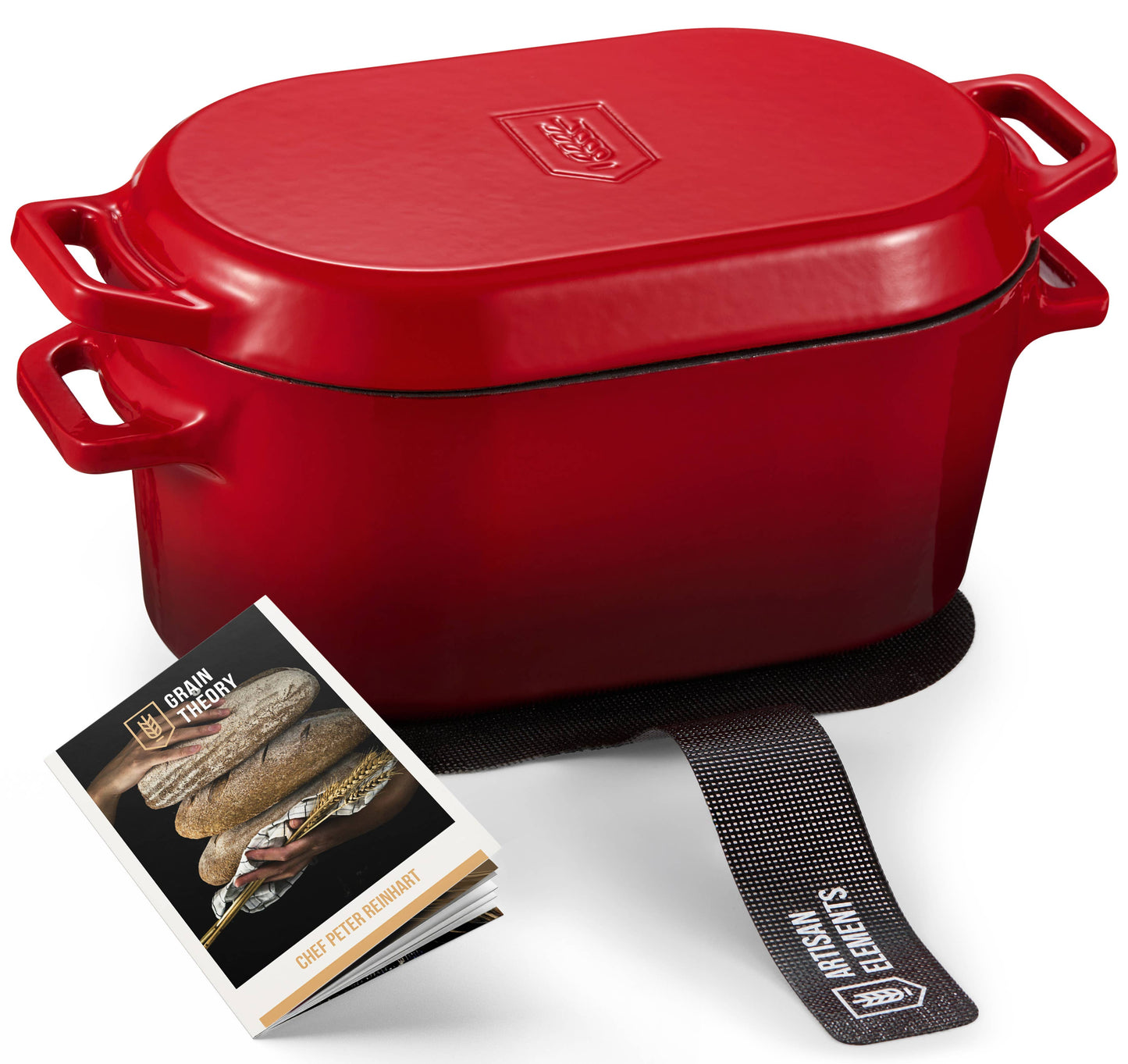 A red enameled cast iron Dutch oven with side handles and a lid embossed with the brand logo, shown on a white background with a small Chef John's Treats booklet and a black carrying strap.