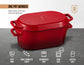 A red enameled cast iron Dutch oven with a lid, shown on a gray textured surface against a light gray background. The image includes marketing text and feature icons for cast iron, shiny enamel finish, dishwasher safe, oven safe, and freezer safe.