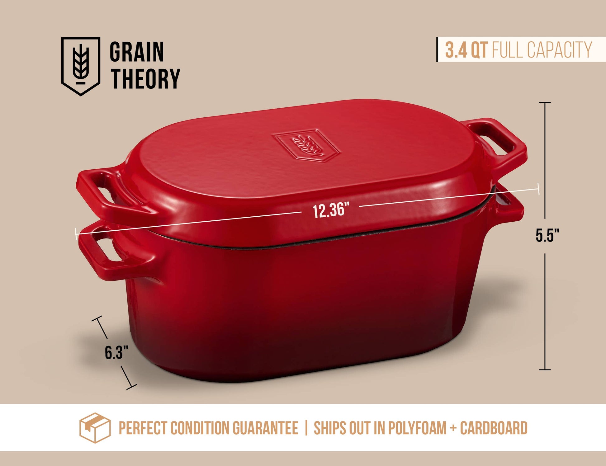Red enameled cast iron Dutch oven with measurements and Grain Theory branding on a beige background