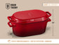 Red enameled cast iron Dutch oven with measurements and Grain Theory branding on a beige background