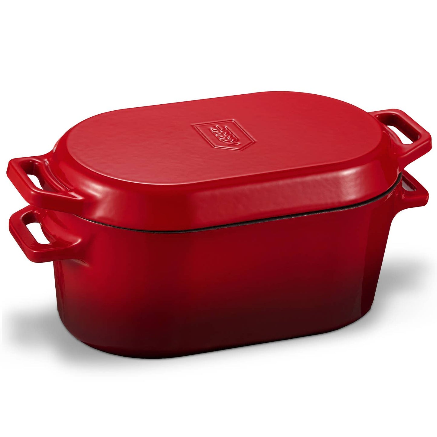 A red enameled cast iron casserole dish with a matching lid, shown on a clean white background. The dish features side handles and a small embossed brand logo on the lid.