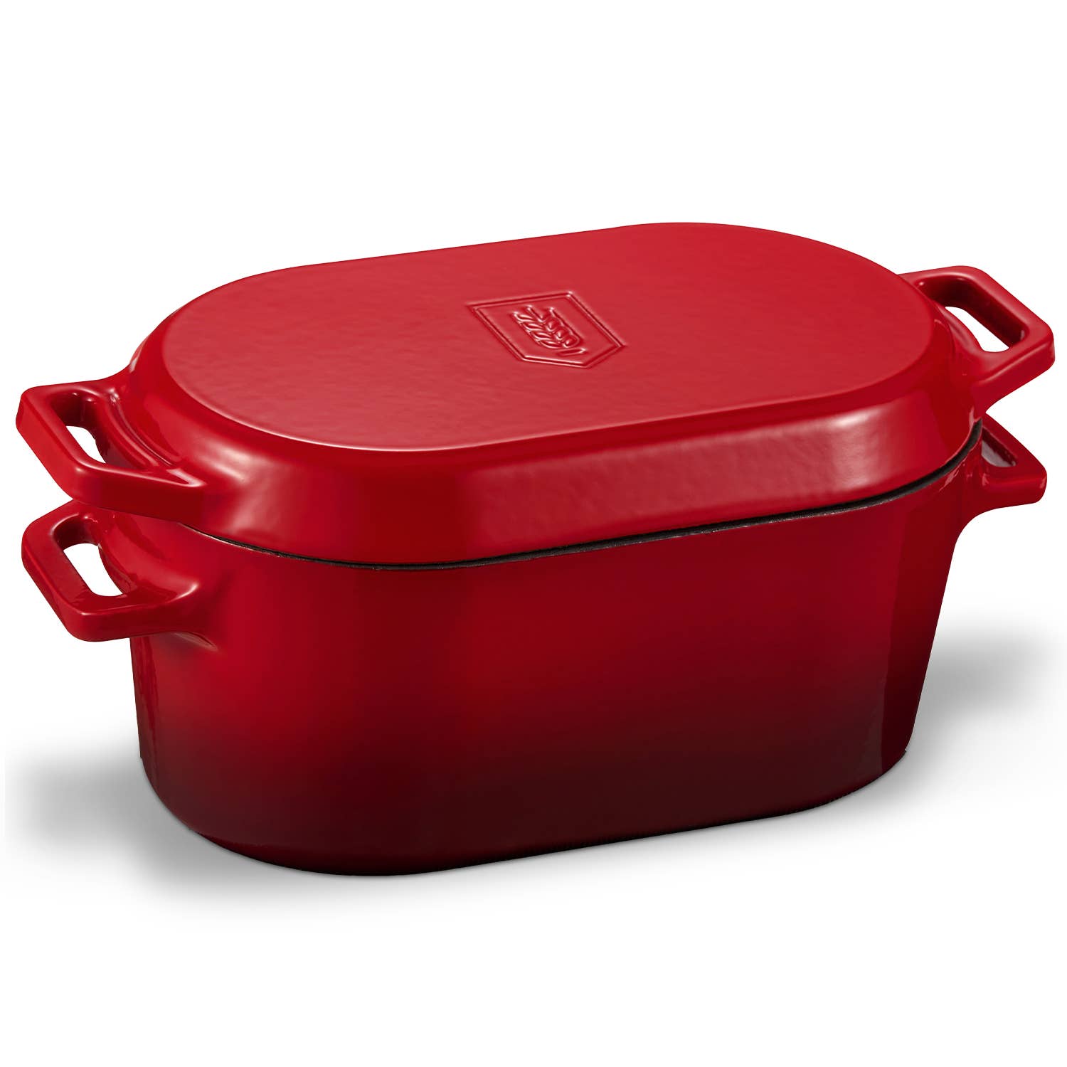 A red enameled cast iron casserole dish with a matching lid, shown on a clean white background. The dish features side handles and a small embossed brand logo on the lid.