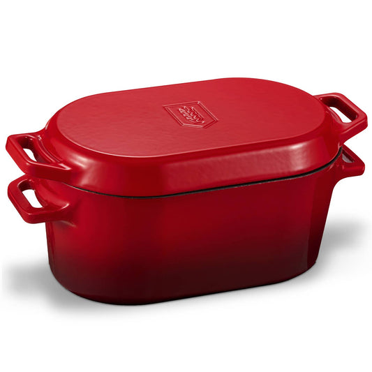 A red enameled cast iron casserole dish with a matching lid, shown on a clean white background. The dish features side handles and a small embossed brand logo on the lid.