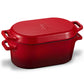 A red enameled cast iron casserole dish with a matching lid, shown on a clean white background. The dish features side handles and a small embossed brand logo on the lid.