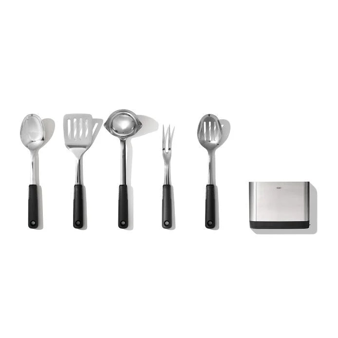 This shiny squad of stainless steel superheroes is ready to tackle everything from Tuesday's quick stew to your famous Sunday roast with style and comfort. The all-star lineup includes a Turner (the pancake-flipping champion), a Spoon (the stirring specialist), a Slotted Spoon (the liquid-draining wizard), a Ladle (the soup-serving expert), a Fork (the meat-wrangling pro), and their stylish home base - the Utensil Holder! 