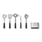 This shiny squad of stainless steel superheroes is ready to tackle everything from Tuesday's quick stew to your famous Sunday roast with style and comfort. The all-star lineup includes a Turner (the pancake-flipping champion), a Spoon (the stirring specialist), a Slotted Spoon (the liquid-draining wizard), a Ladle (the soup-serving expert), a Fork (the meat-wrangling pro), and their stylish home base - the Utensil Holder! 