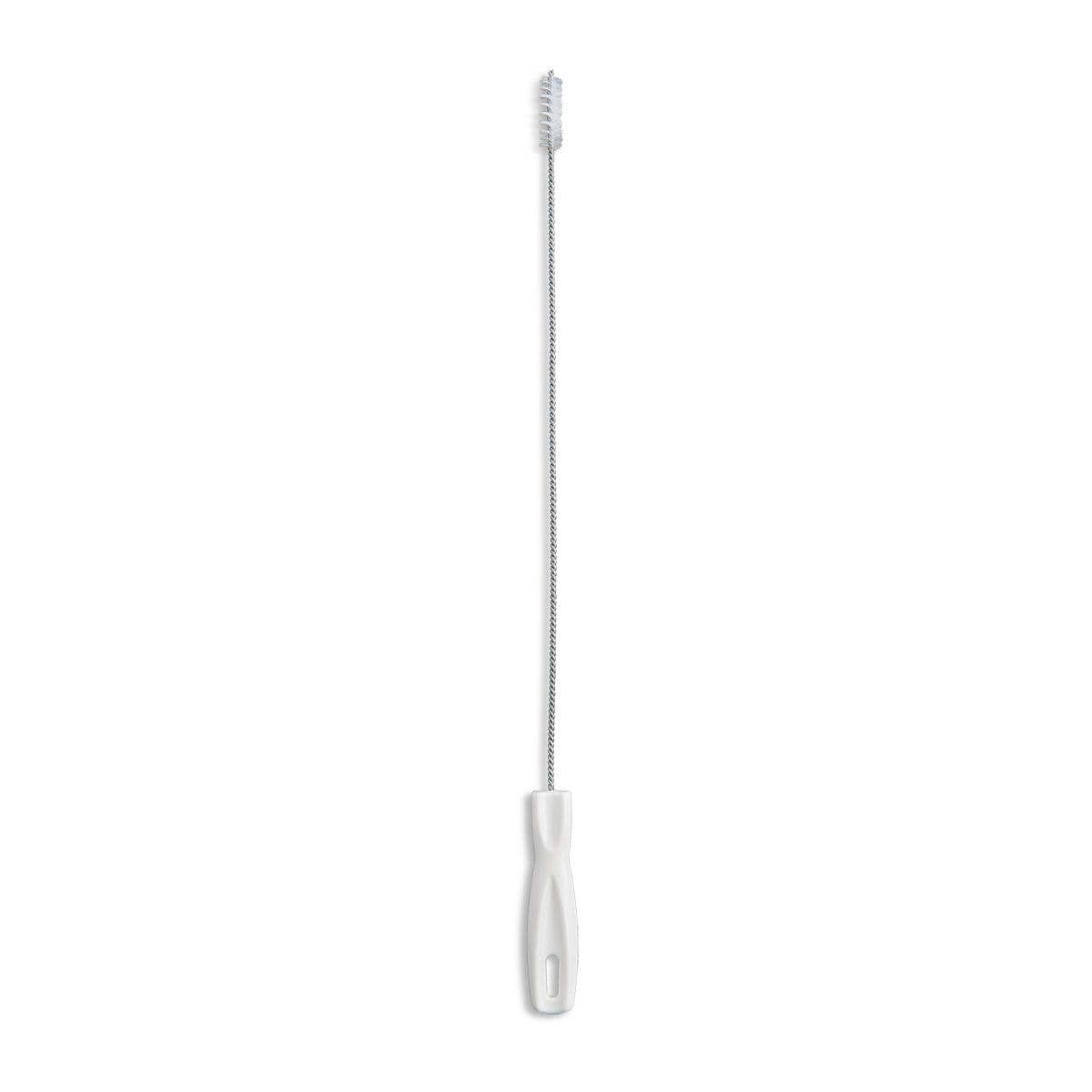 Long metal cleaning brush with a white handle on a white background