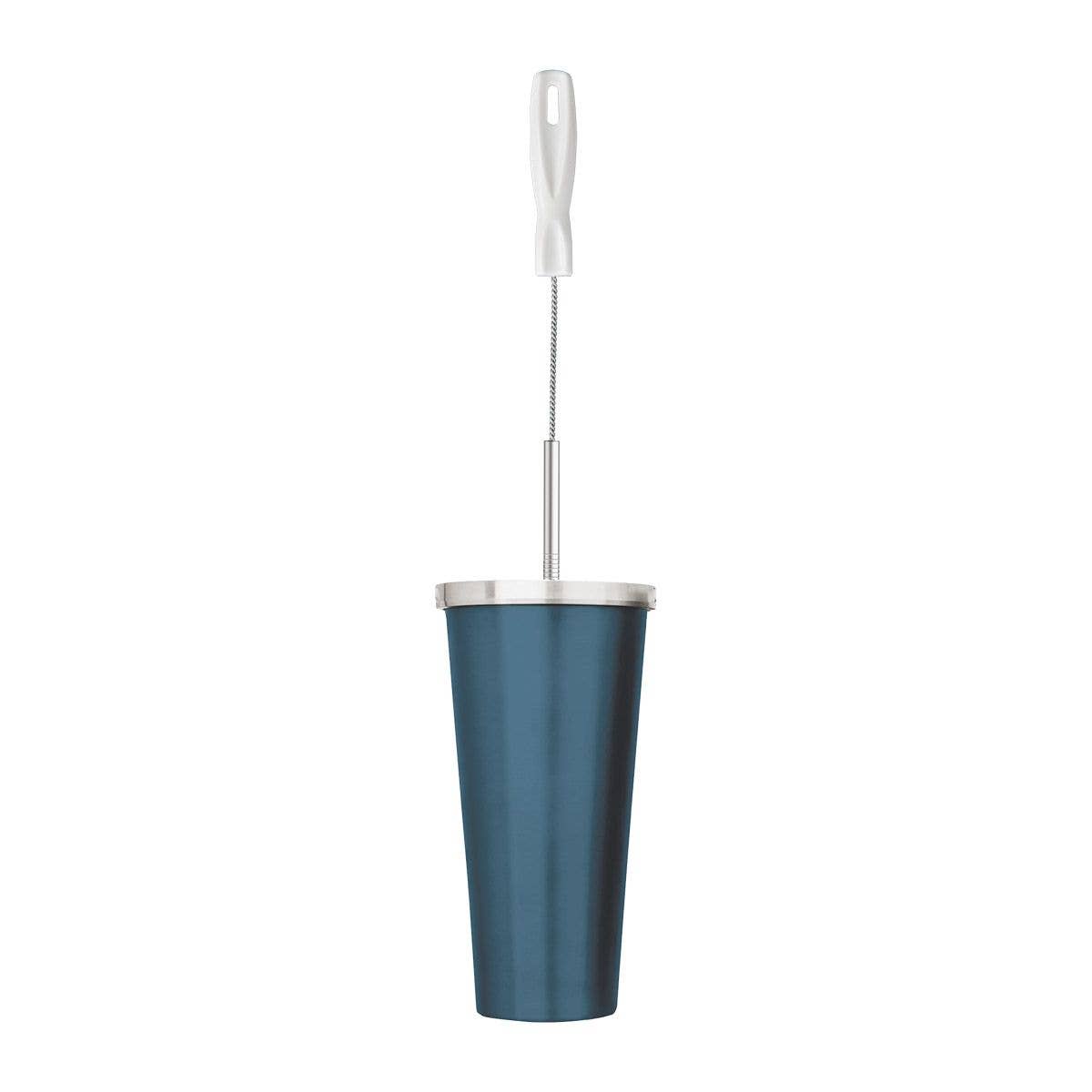 Blue tumbler with a white lid and straw on a white background