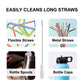 Cleaning tool for flexible straws, metal straws, kettle spouts, and bottle caps with text 'EASILY CLEANS LONG STRAWS'.