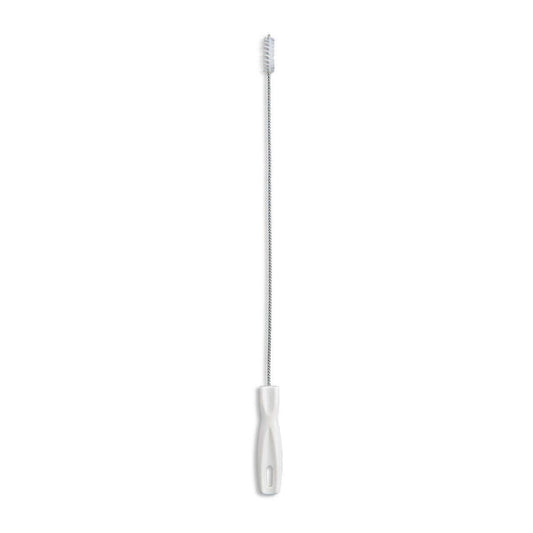 Long metal cleaning brush with a white handle on a white background