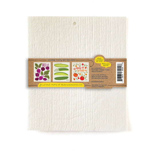 This set includes 3 sponge cloths: Beets, Pickles, and Tomatoes. These Swedish sponge cloths are an eco-friendly replacement for kitchen sponges and paper towels. They last for months and are biodegradable or Compostable, making cleaning up cute with less waste. 