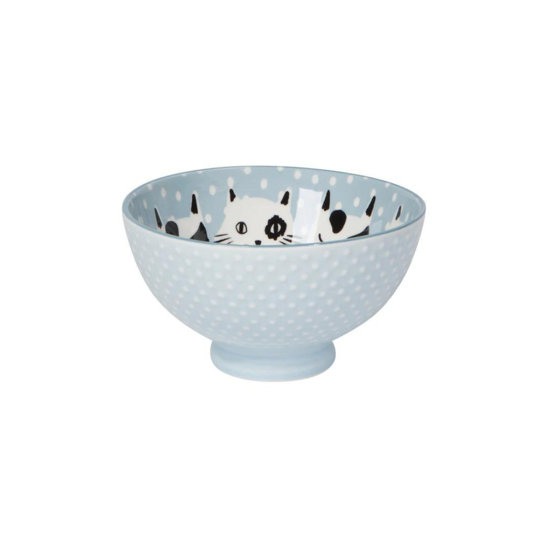 Feline Fine Bowl, Adorned with playful black cats stamped on a crisp powder blue porcelain background.