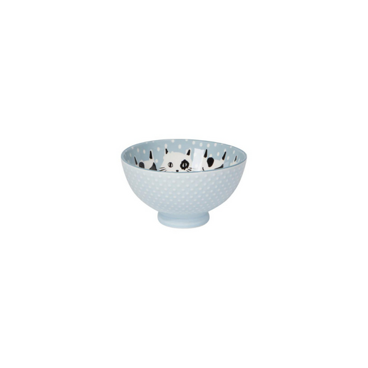 Feline Fine Bowl, Adorned with playful black cats stamped on a crisp powder blue porcelain background.