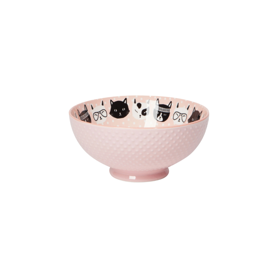 Brimming with charm, the 30 oz Pink Feline Fine Bowl adds a playful touch of pattern and color to your table. Featuring a delightful mix of confident kitties, each dressed in their own unique style—whether sporting stripes, a spotted sweater, or even tiny boots—this bowl is a must-have for any cat lover. 