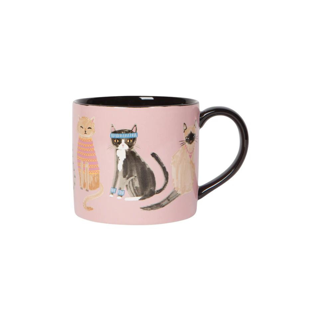 Feline Fine" Mug in a Box is purr-fectly charming! Featuring stylish cats rocking their stripes, spotted sweaters, and even cute boots, this mug is packed with personality. It comes in an adorable gift box