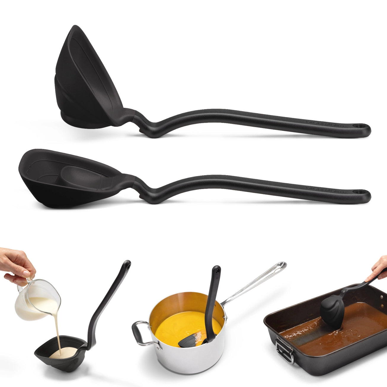 Black ladle with various uses shown on a white background