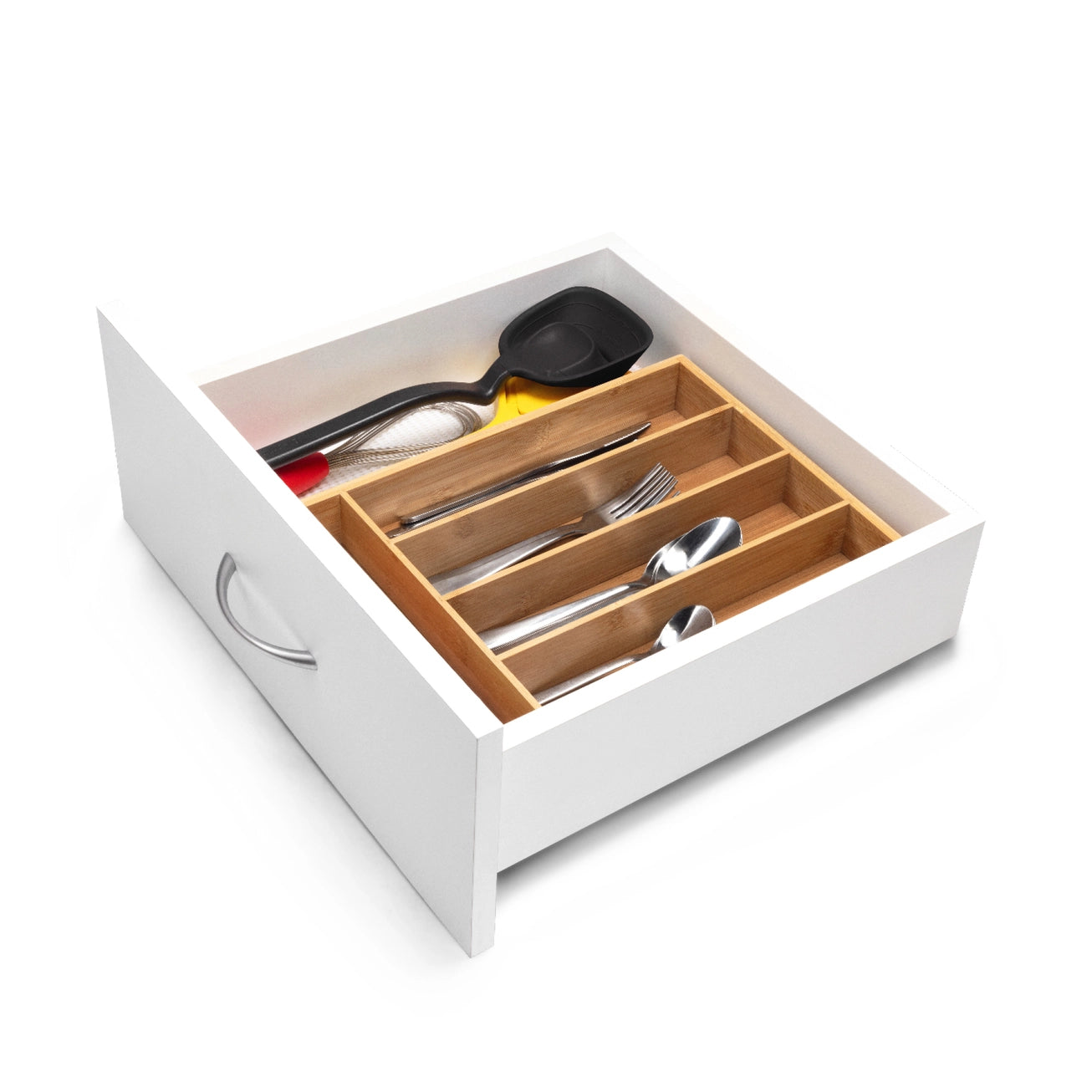 White kitchen drawer with wooden cutlery organizer containing utensils on a white background