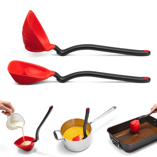 Red and black ladle with flexible handle on a white background