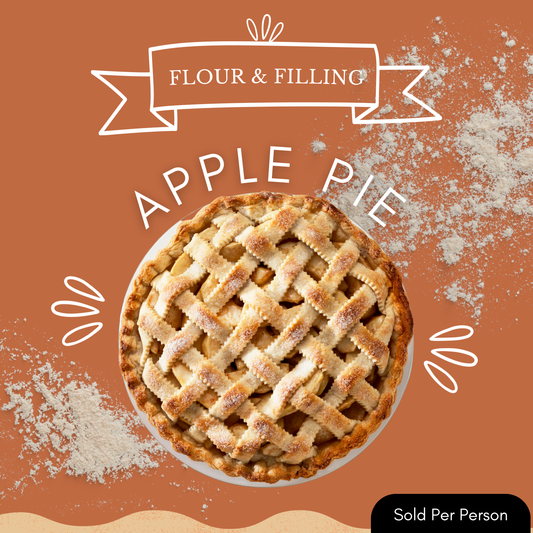 An overhead food listing photo of a baked apple pie with a lattice crust on a warm orange-brown background with decorative flour-splatter graphics and the text 'FLOUR & FILLING', 'APPLE PIE', and 'Sold Per Person'.