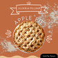 An overhead food listing photo of a baked apple pie with a lattice crust on a warm orange-brown background with decorative flour-splatter graphics and the text 'FLOUR & FILLING', 'APPLE PIE', and 'Sold Per Person'.